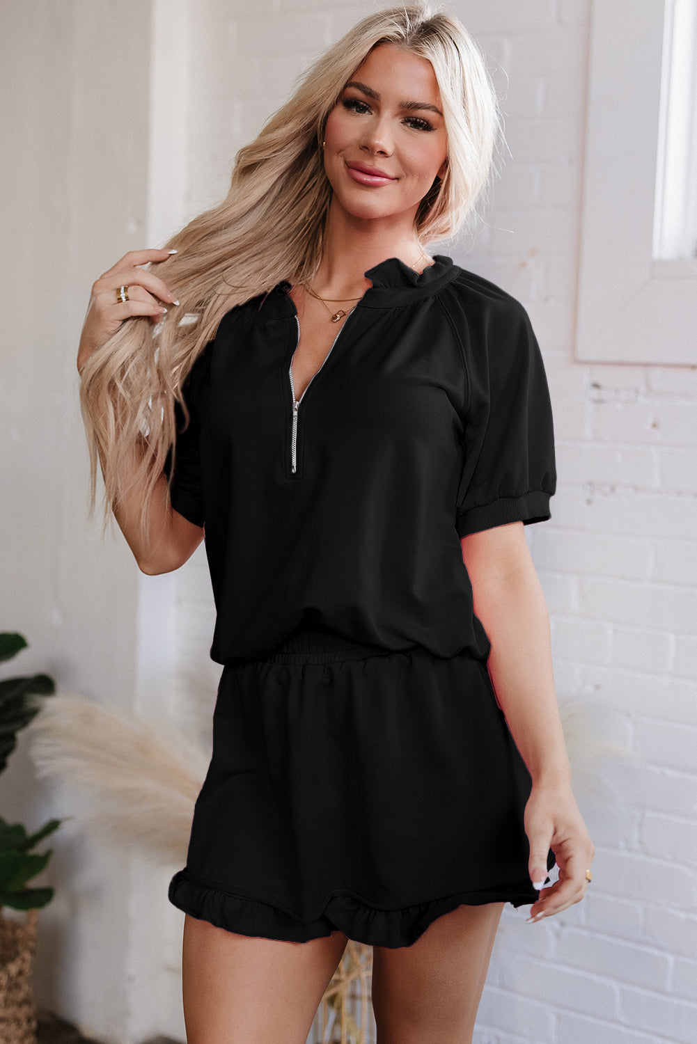 Laylani Puff Sleeve Top and Ruffled Shorts Set-0