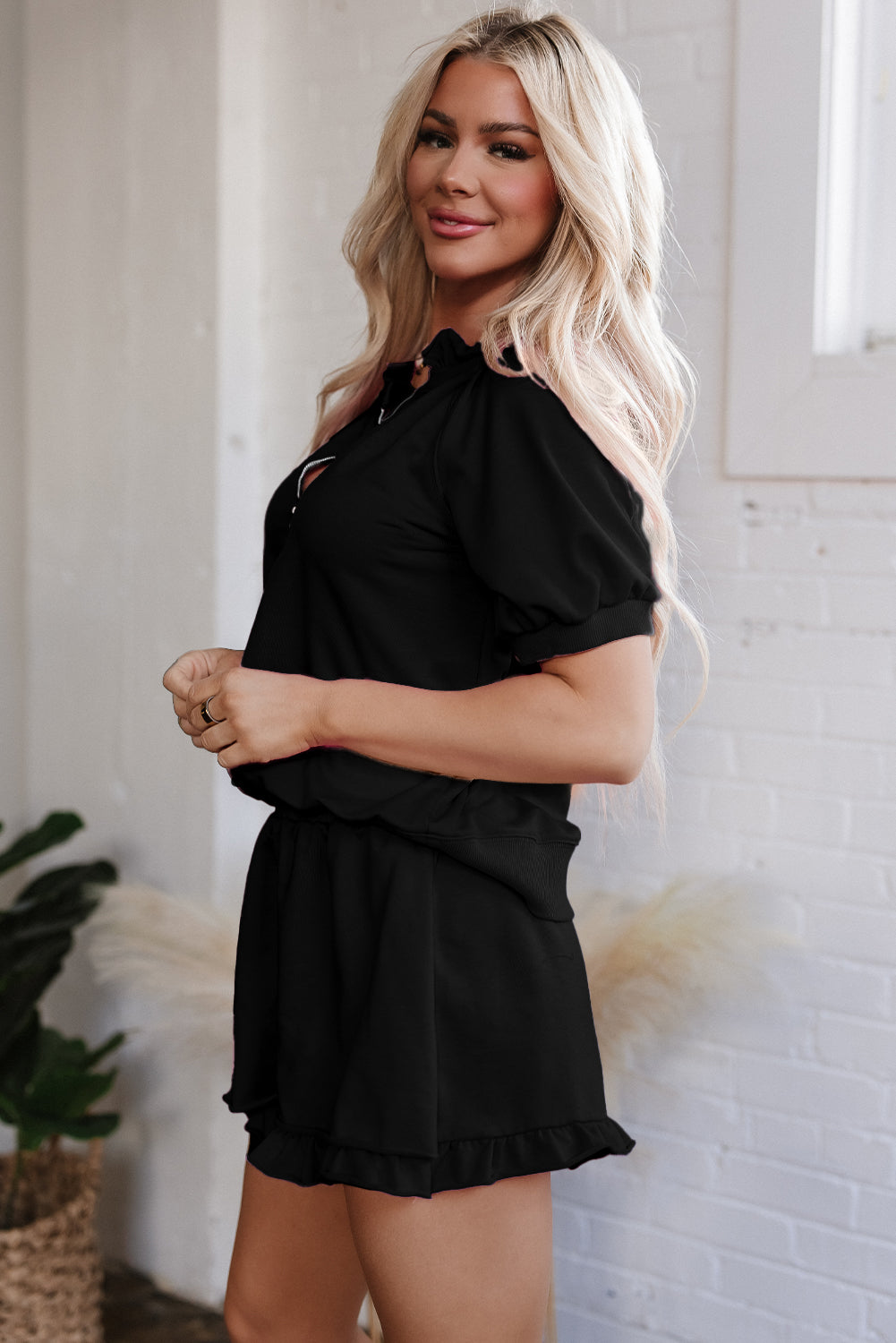 Laylani Puff Sleeve Top and Ruffled Shorts Set-2